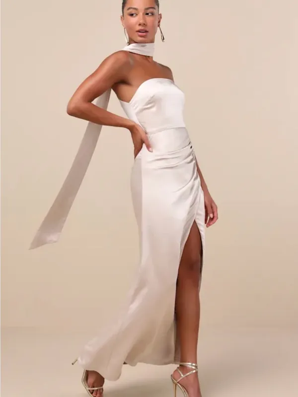 Lulu's Ivory Satin Strapless Maxi Dress with Neck Scarf - Image 3