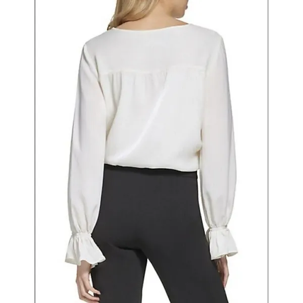 NEW DKNY Ruffled Satin Silky Blouse Top MEDIUM long sleeves Ivory white NWT - Image 5