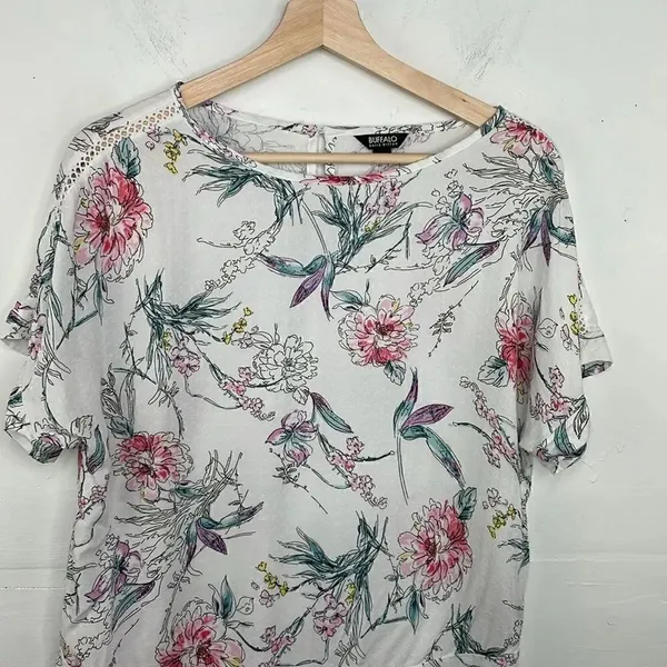 Buffalo David Bitton Top Womens White Floral Print Front Tie Blouse Small - Image 3