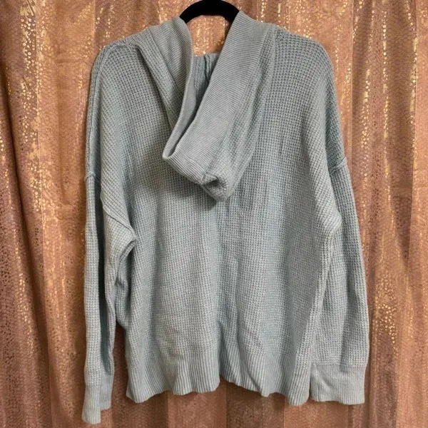 Aerie Light Blue Cozy Up Waffle Knit Hooded Sweater Oversized Medium - Image 2