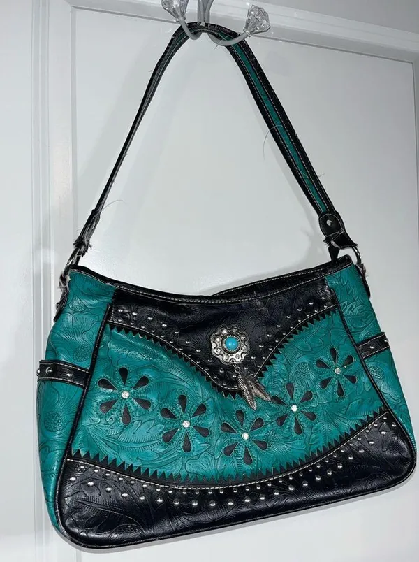 Tooled Leather Laser Cut Purse Feather Country Western Handbag Shoulder Bag - Image 3