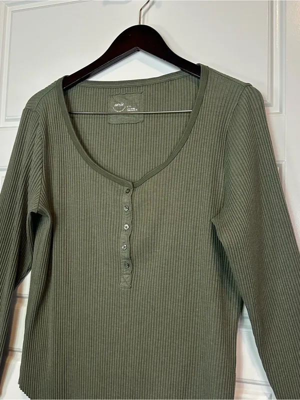 Aerie Essential Henley Layering Long Sleeve Ribbed Cotton Blend T-Shirt Size XL - Image 3