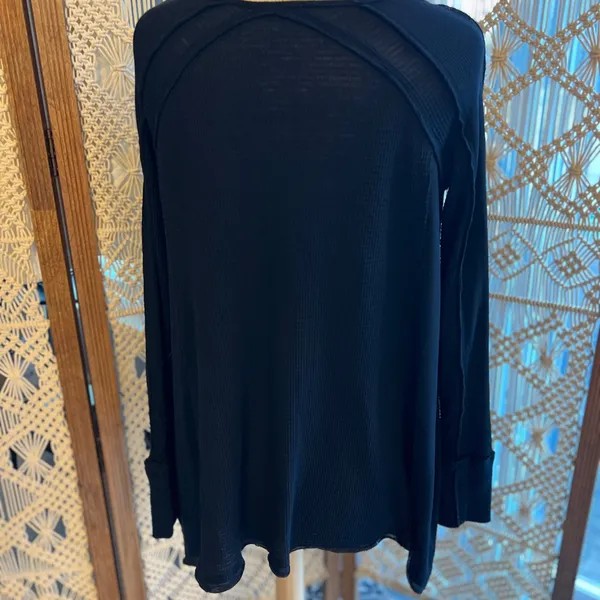 Free People Black Waffle Knit Asymmetrical Long Sleeve Top - Image 6