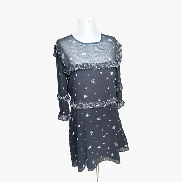 Abercrombie & Fitch Ditsy Floral Ruffle Chiffon Mini Dress Sheer Sleeves Boho L - Image 3