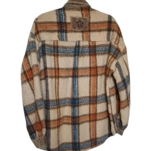 POL Collared Button Down Plaid Shacket Size L Beige Blue Orange - Image 6