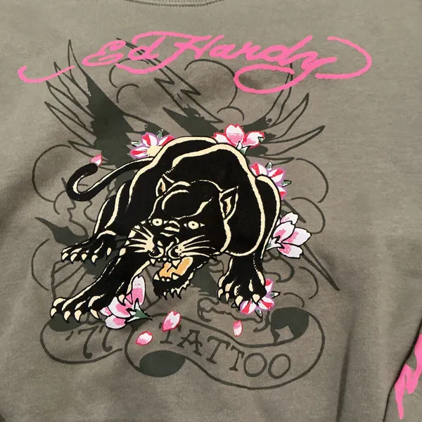 Ed Hardy Panther Graphic Cropped Sweatshirt Olive Green Pink Tattoo Size L - Image 2