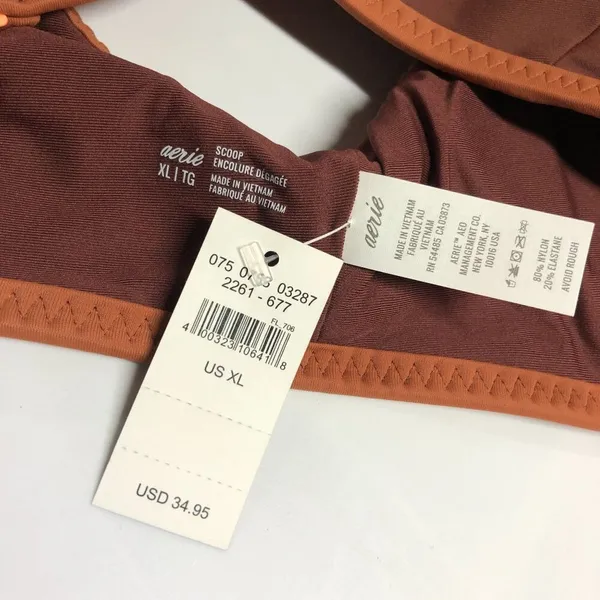 Aerie Bikini Top Scoop Plunge V Neck Contrast Trim Removable Cups Brown XL - Image 3