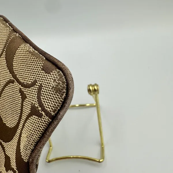 Coach Signature Jacquard Wristlet Khaki Brown Canvas Leather Trim Logo Plaque - Image 6