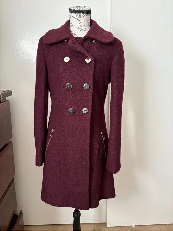 Guess Double-Breasted Pea Coat in Burgundy - Image 2