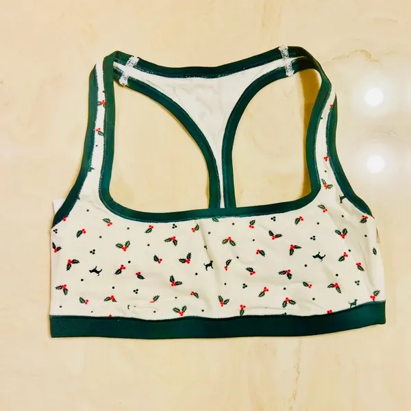 VS PINK Cotton Dorm Unlined Bralette & Flannel Pajama Shorts Cream Holly Print M - Image 2