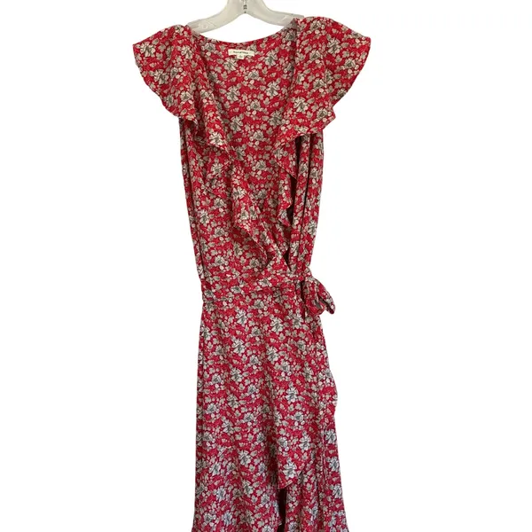 Max Studio Womens L Red Floral Ruffle High Low Wrap‎ Maxi Dress Flutter - Image 2