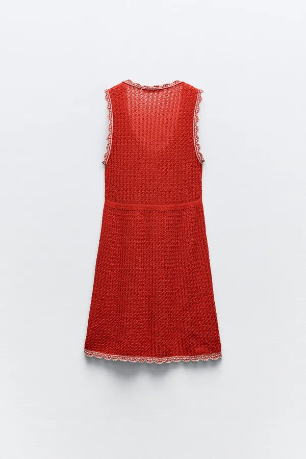 Zara crochet Red Button-Up Dress with Lace Trim - Image 2