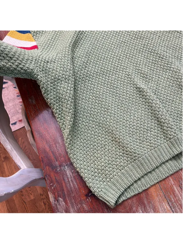 POL Sage Green Chunky Knit V-Neck Sweater Rainbow Stripe Sleeves Pocket M - Image 4