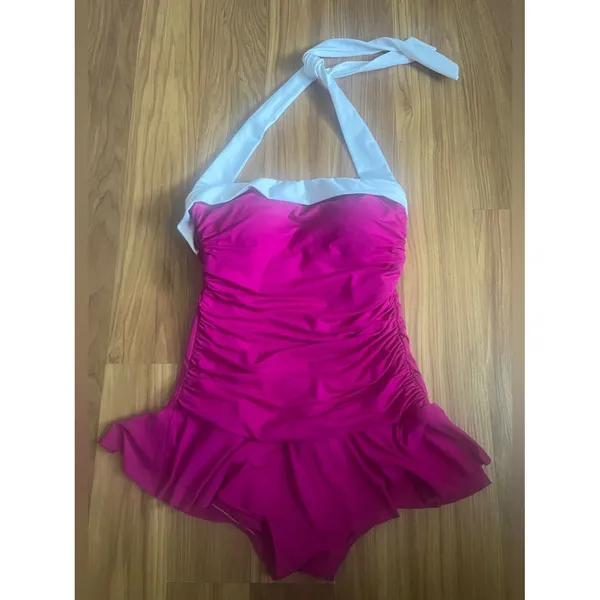 Lauren Ralph Lauren Bel Aire Skirted One-Piece Swimsuit Magenta White Size 6 - Image 4