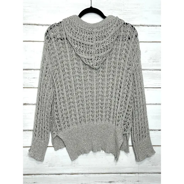 POL Open Knit Hooded Sweater Small Gray Boho Crochet Lightweight Top - Image 2