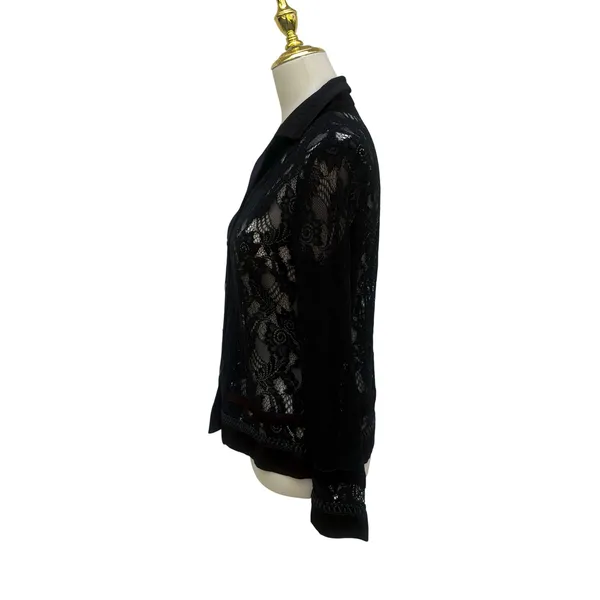 Whimsigoth Lace Button Down Shirt Sm Black Sheer Floral Sleeve Vampy Dark Witchy - Image 6