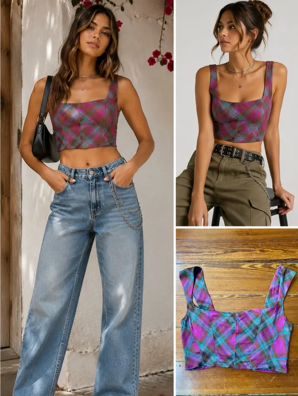 NWT Urban Outfitters Adina Plaid Square Neck Corset Style Crop Top Size XL💛 - Image 2