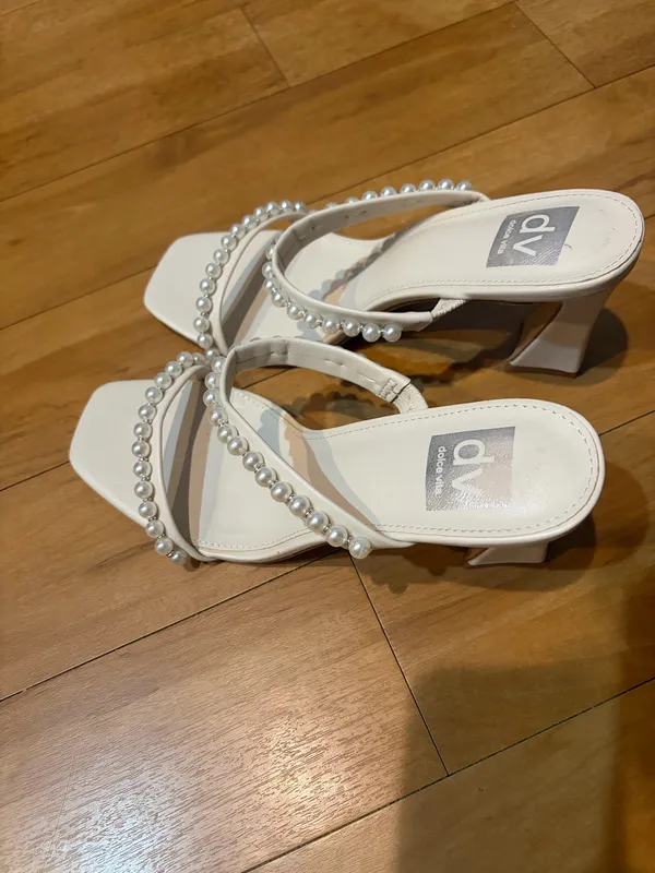 Dolce Vita Pearl Embellished Slip-On Square Toe Cream Colored Heels - Image 4