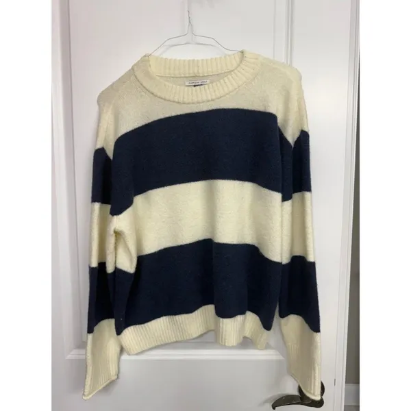 American Eagle Cream Navy Striped Oversized Crewneck Sweater L - Image 3