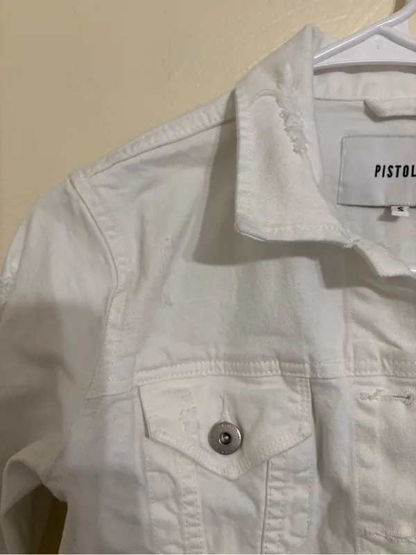 Pistola White Cropped Distressed Denim Jacket Raw Hem Size Small - Image 6