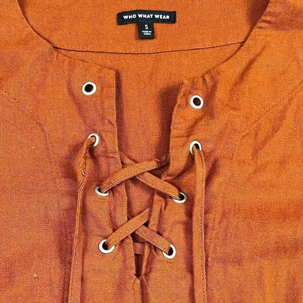 Who What Wear Burnt Orange Linen Blend Lace-Up Neckline Puff Sleeve Dress Small - Image 12