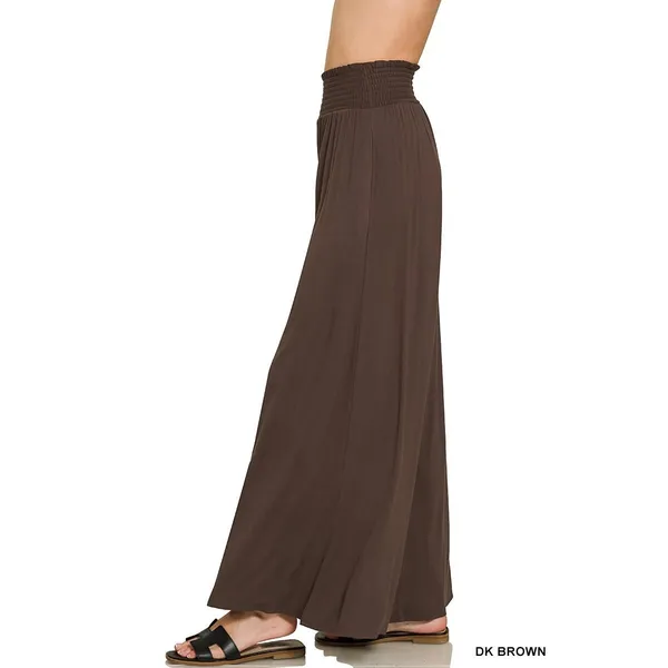 Zenana Smocked Waist Wide Leg Palazzo Pants - Brown - Small - Image 2
