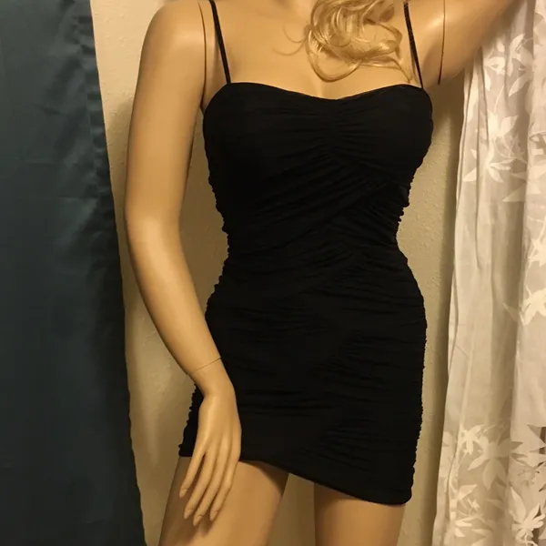 Little Black Mini Bodycon Dress | Ruched Stretch Party Club Dress | S - Image 4