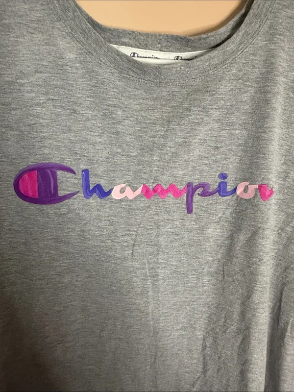 Champion Gray Tee with Pink and Purple Script Logo - Image 3