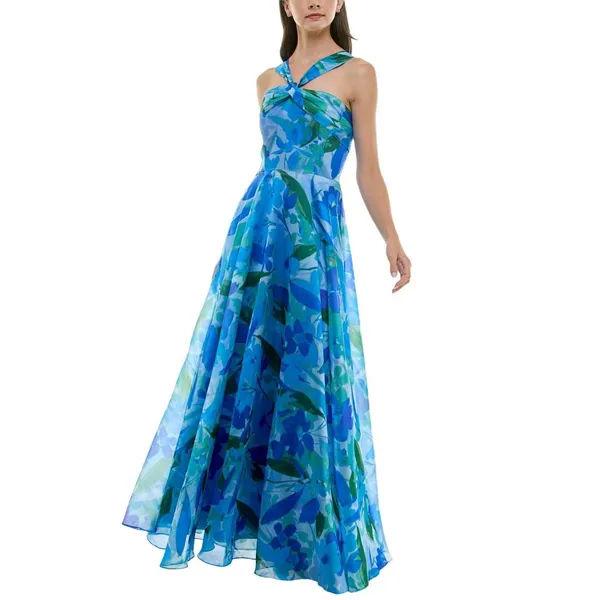 NWT Taylor Womens Twisted Halter Printed Gown Dress 9185S Sapphire Blue 14 - Image 3