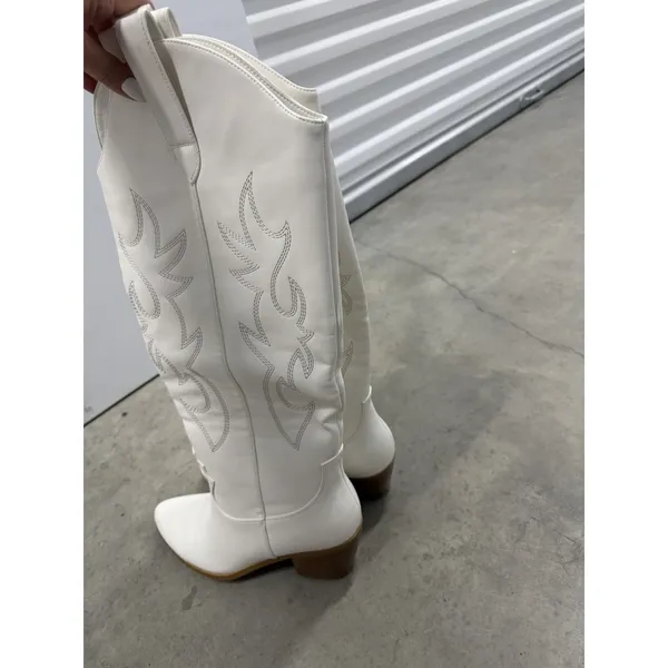 Women's White Western Cowboy Cowgirl Knee-High Boots Pointed Toe Embroidered - 9 - Image 8