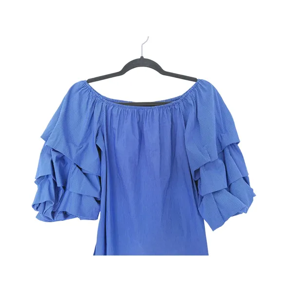 Zara Tiered Ruffle Off Shoulder Top XS Blue Pinstripe Retro European Coastal - Image 5