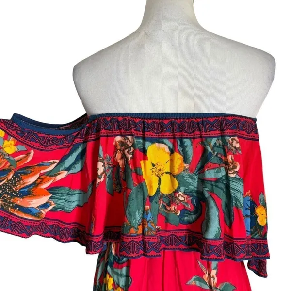 Flying Tomato Tropical Print Off The Shoulder Red Maxi Dress Womens XS Flowy Beach Vacation - Image 3