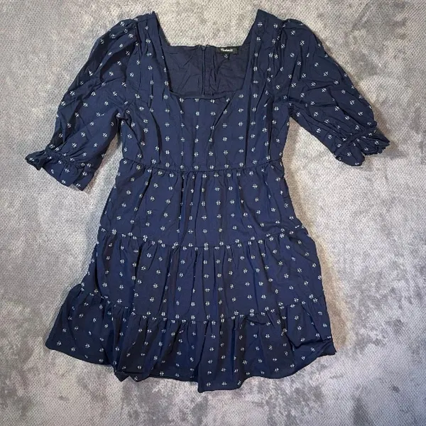 Madewell Square-Neck Puff-Sleeve Tiered Mini Babydoll Dress Size 10 100% Cotton - Image 2