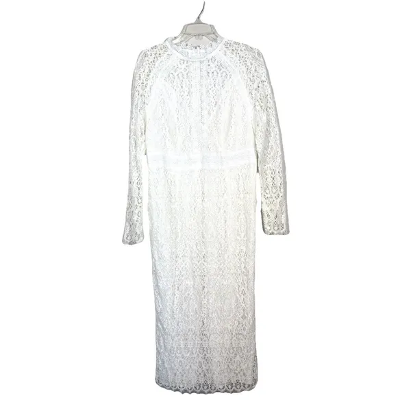 ASOS DESIGN White Lace Midi Dress Long Sleeve High Neck Pencil EU44 US12 RUSH - Image 6