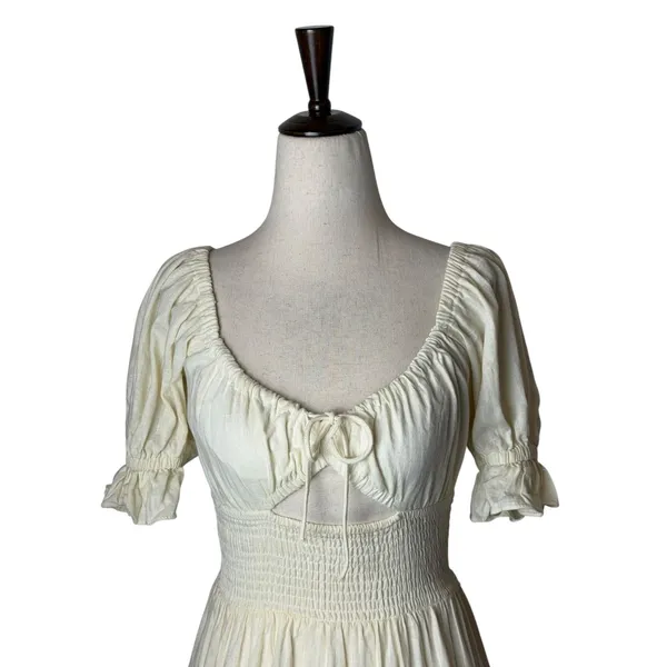 Sabo Mini Dress Women XS Ivory Linen Blend Smocked Puff Sleeve Boho Peasant - Image 4