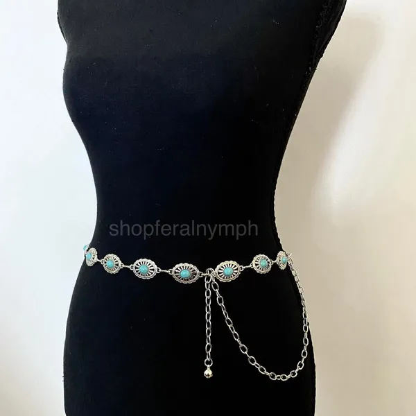 Silver Turquoise Oval Western Boho Chain Belt, Fits 24-43 Inches, X7GA1264 - Image 2