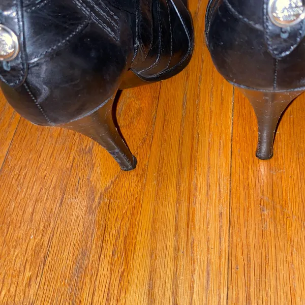 Coach Black Leather Peep Toe Button Gladiator Heels - Image 11