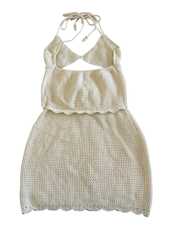 Cream Crochet Halter Cutout Bodycon Mini Dress - Size Small - Image 3