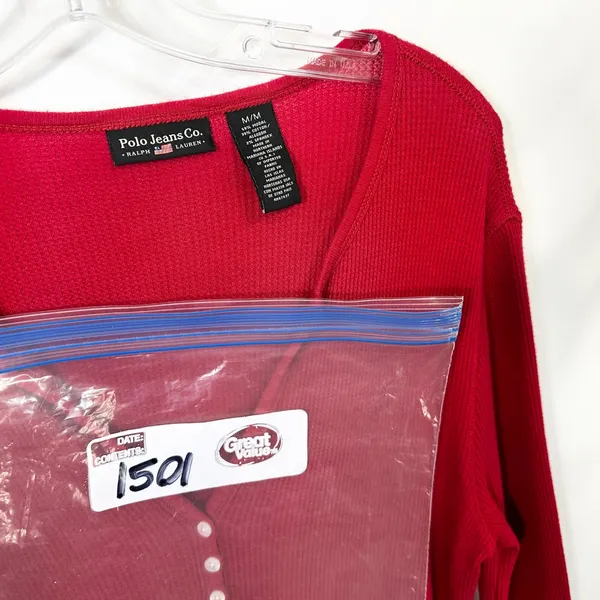 VTG Polo‎ Ralph Lauren Medium Henley Top Red Waffle Knit Thermal Y2K Preppy 1501 - Image 8