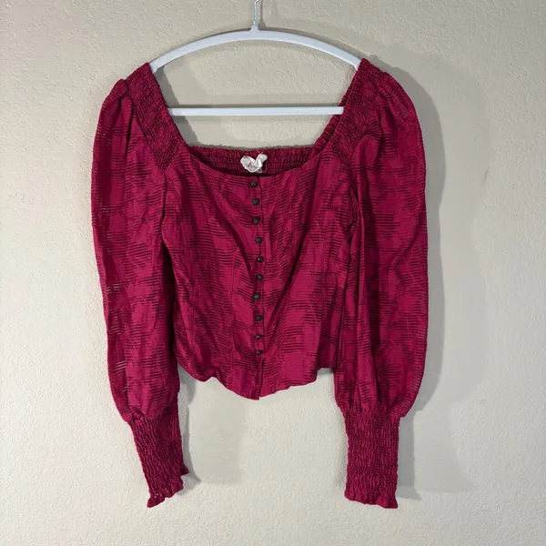 Anthropologie Pink Floral Ruffle Blouse Smocked Puff Sleeve Sz XS Cottagecore - Image 4