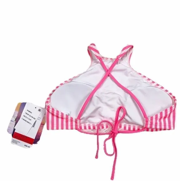 Coco Rave‎ Tropi Glow Pink Striped Flamingo Halter Bikini Top XS / S 30/32 C - Image 4
