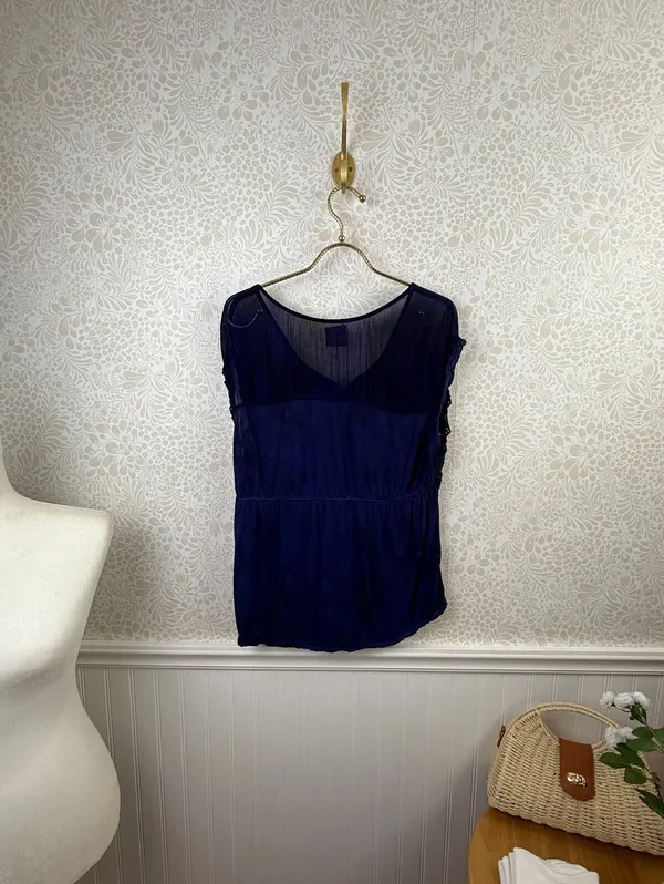 Free People Vintage Navy Embellished Cap Sleeve Top - Size - Large - Image 5