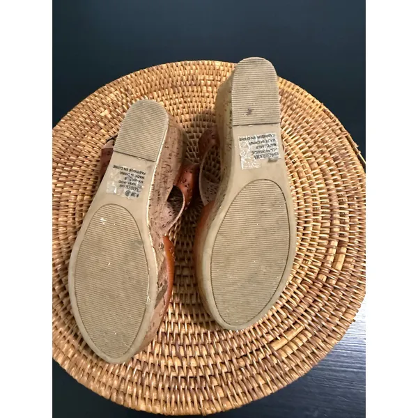 Maurices Womens Cognac Brown Perforated Cork Wedge Sandals Size 8.5 Boho Strappy - Image 9
