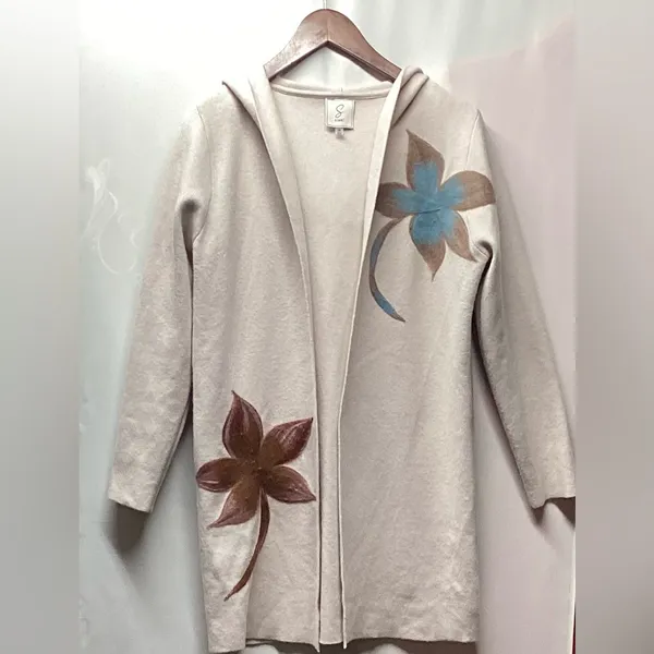 Sioni Intarsia knit long open hooded duster Size Medium Oatmeal. - Image 13