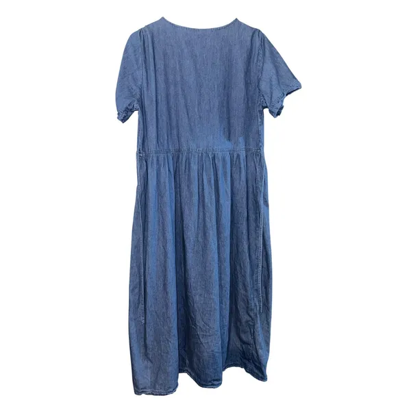 Vintage Embroidered Denim Jumper Dress‎ Women's Medium Maxi Floral Cottage ~Flaw - Image 4