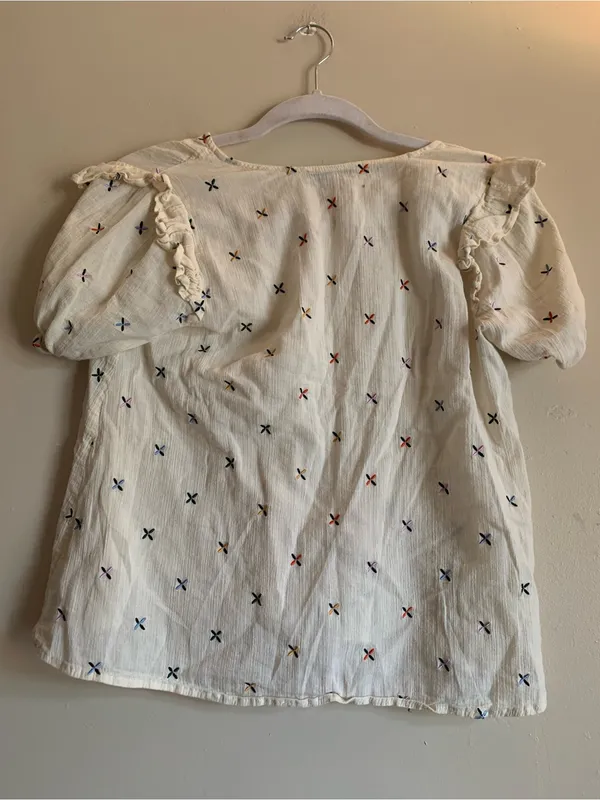 Madewell Cream V-Neck Puff Sleeve Top with Multicolor Cross Stitch Size XS - Image 4