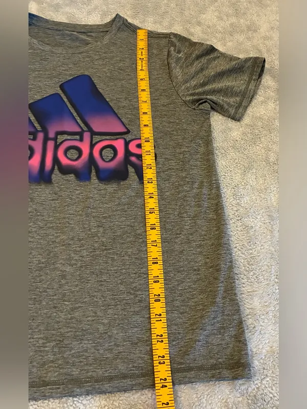 Women’s adidas Gray Short Sleeve Tee with Blue and Purple Gradient Logo Size S - Image 6