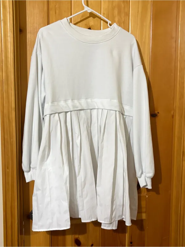 Women Oversized Sweatshirt Dress Patchwork Crewneck Long Sleeve Flowy Pleated - Image 9