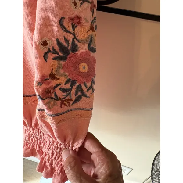 Easel Pink Off The Shoulder Embroidered Floral Boho Peasant Blouse Top Large - Image 2