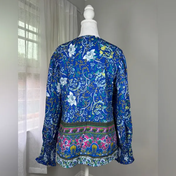 Royal Blue Multicolored Floral Print Double Tie Neck Bishop Sleeve Blouse - Image 6